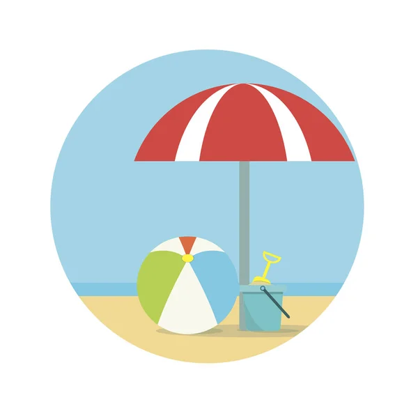 Beach umbrella, ball and a bucket with a shovel on sea background — Stock Vector