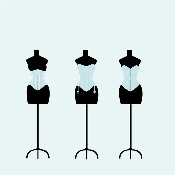 Diversi manichini leggeri con corsetti su sfondo azzurro — Vettoriale Stock