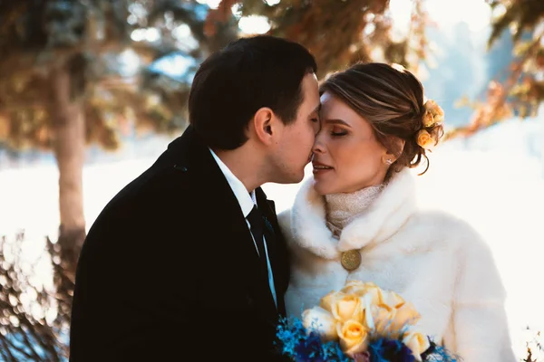 Invierno brillante boda novia y novio pareja — Foto de Stock