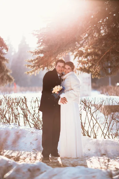 冬明るい結婚式の新郎新婦のカップル — ストック写真