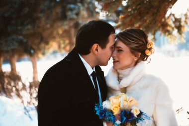 Kış parlak evlilik gelin ve damat Çift