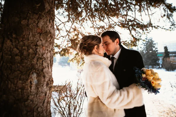 Milovníci nevěsta a ženich na jejich zimní svatba — Stock fotografie
