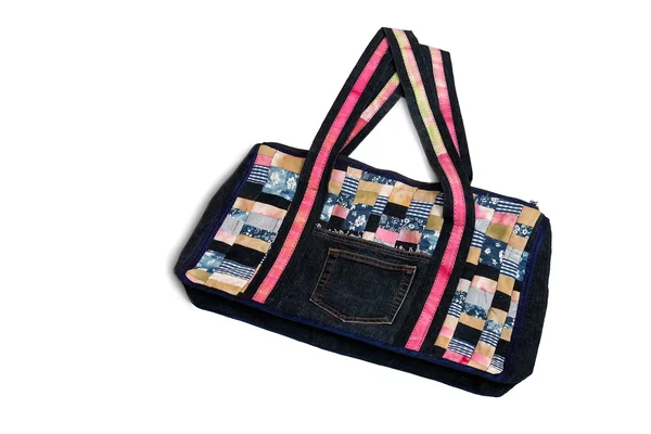 Bag made of fabric patchwork on a white background. — Stock Photo, Image