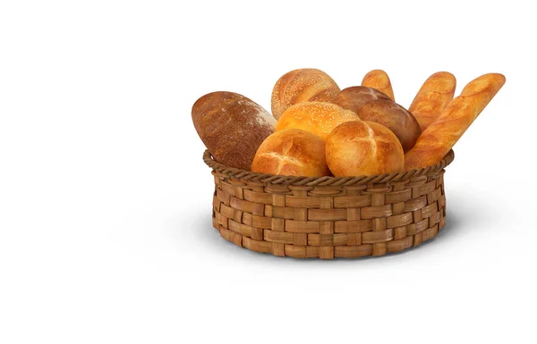 Uma cesta de pão branco e rolos. Renderização 3D . — Fotografia de Stock
