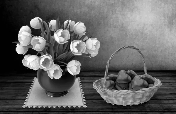 Натюрморт: белые тюльпаны и свечи. — стоковое фото