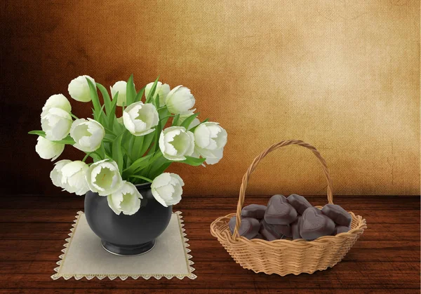 Pintura de naturaleza muerta: tulipanes blancos y dulces. —  Fotos de Stock