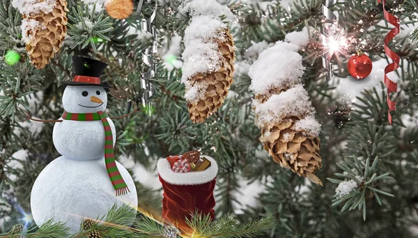 Weihnachten Hintergrund: ein Schneemann und ein Sack voller Geschenke. — Stockfoto