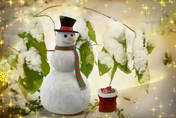 Uma história de Natal: boneco de neve com presentes. Renderização 3D — Fotografia de Stock