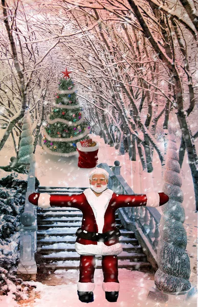 Paesaggio natalizio con Babbo Natale con regali. Rendering 3D . — Foto Stock