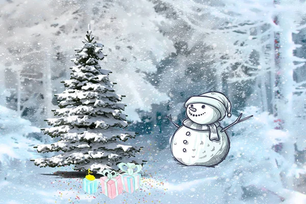 Χριστούγεννα Χειμερινό Πάρκο Χιονάνθρωπος Δώρα Δέντρα Καλυμμένα Χιόνι — Φωτογραφία Αρχείου