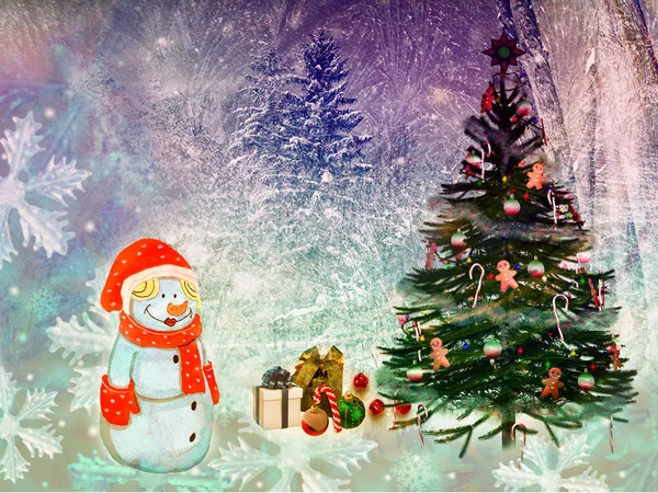 크리스마스 눈으로 나무와 눈사람 렌더링 — 스톡 사진