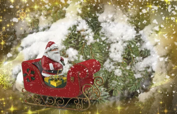 Téli Erdő Között Havas Spruces Jolly Santa Claus Szánjával Ajándékok — Stock Fotó