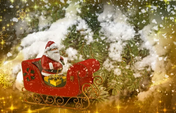 Téli Erdő Között Havas Spruces Jolly Santa Claus Szánjával Ajándékok — Stock Fotó