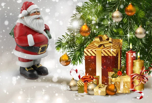 美しいクリスマス ツリー ライト サンタ クロースと贈り物のクローズ アップ レンダリング — ストック写真