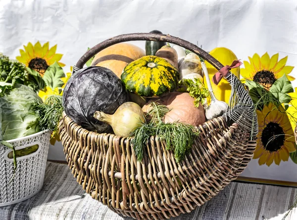 Wiklinowy koszyk z warzywami. — Zdjęcie stockowe