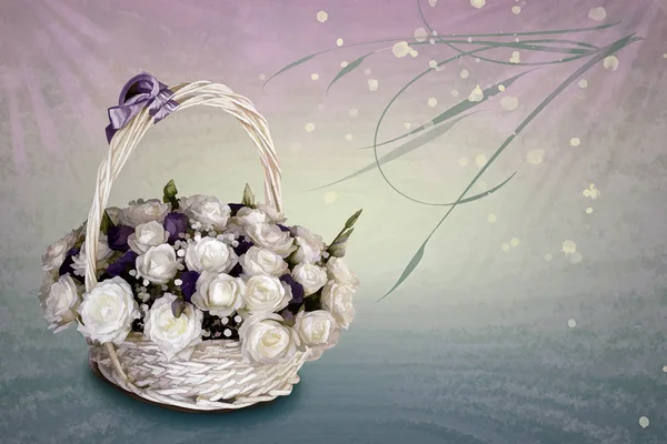 Beautiful Greeting Card Holiday Basket White Roses Background Pastel Colors — Stock Photo, Image