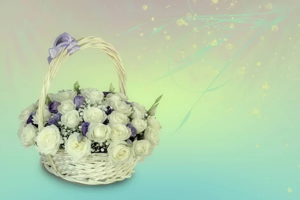 Beautiful Greeting Card Holiday Basket White Roses Background Pastel Colors — Stock Photo, Image