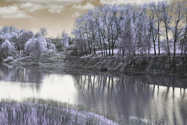 Grande lago bellissimo, con sponde ricoperte di foresta . — Foto Stock