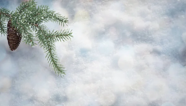 雪の質感とコーンとスプルースの枝を背景画像。3Dレンダリング — ストック写真
