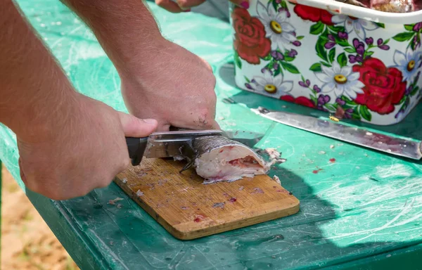 川魚を切り取る男 — ストック写真