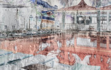 Suda yansıması olan bir evin soyut görüntüsü..