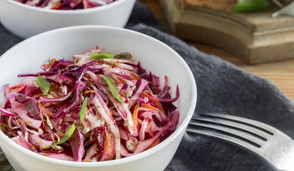 Wooden Table Napkin Salad Red White Cabbage Green Onions Concept — Stock Photo, Image