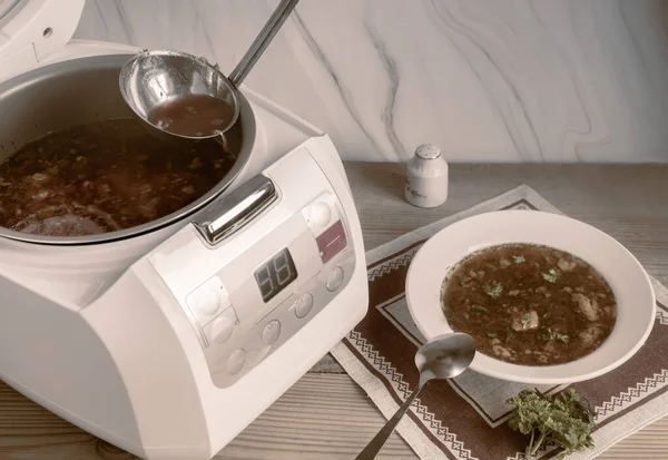 Delicious Ukrainian Borscht Prepared Lunch Multi Cooker Next Napkin Plate — Stock Photo, Image