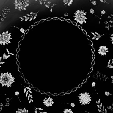 Çiçek süslemeli tebrik kartı şablonu ve ortasında yazı için yuvarlak bir yer. Uzayı kopyala Siyah ve beyaz resim.