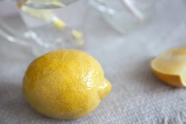 Lemon Slice Lemon Table Napkin Background Glasses Making Lemon Drink — Stock Photo, Image