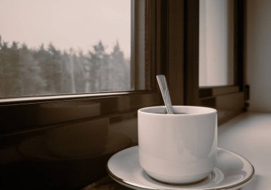 Pencerenin önündeki pencere eşiğinde, bir fincan çay ve bir kitap, pencerenin dışında sonbahar parkı manzarası..