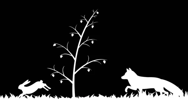 キツネのシルエットと草の中のウサギ. — ストックベクタ