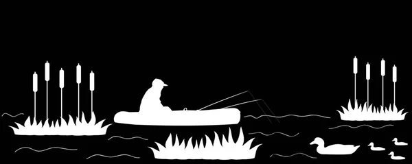 Силуэт рыбака на озере . — стоковый вектор