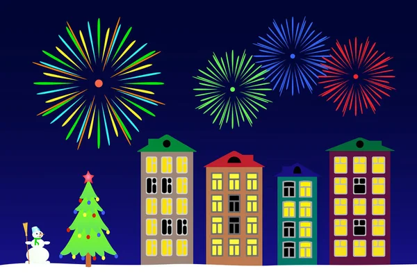 New year night in the town. — Stock Vector