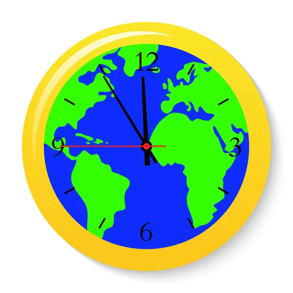 A clock with a world map on the dial. — Stock Vector