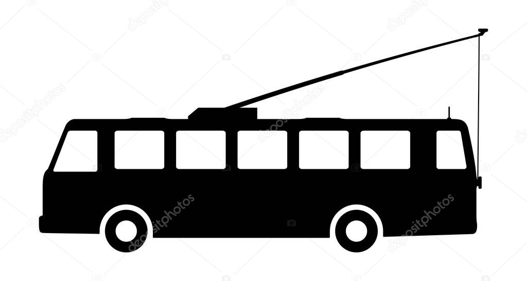 Silhouette of a trolley bus on a white background.