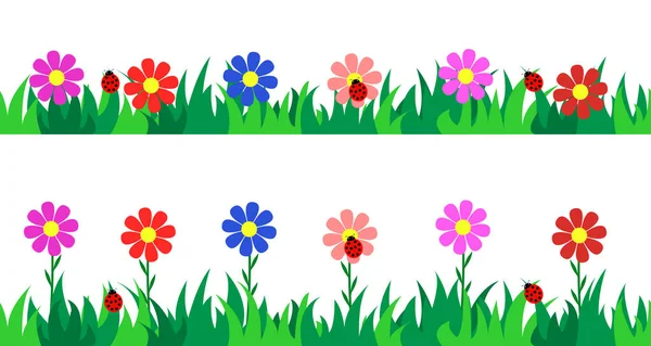 Establecer hierba y flores sin costura. Ilustración vectorial . — Vector de stock