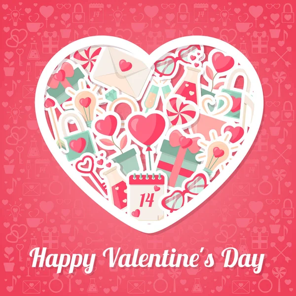 Fond Saint-Valentin avec des icônes plates et cadre en forme de coeur — Image vectorielle
