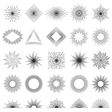 Işık ışınlarının 25 satır kümesi. Sunburst vektör toplama