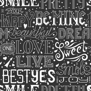 El ile Seamless Modeli çizilmiş sözcükleri ve tümceleri, kaligrafi metin. Vektör arka plan