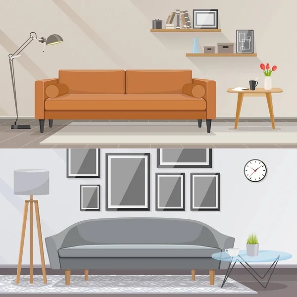Elementos de interior y sala de estar muebles concepto de vectores. Diseño de interiores con estilo — Vector de stock