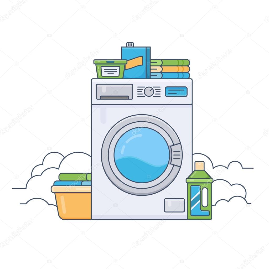 Laundry room with working washing machine. Thin line flat design vector illustration