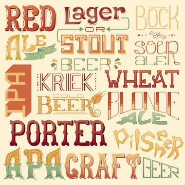 Bira türleri. Elle çizilmiş için yazı bar, pub, Cafe, fest ve parti. Vintage pub menü, bira evi, birahaneler için poster, etiket veya logo için çizim
