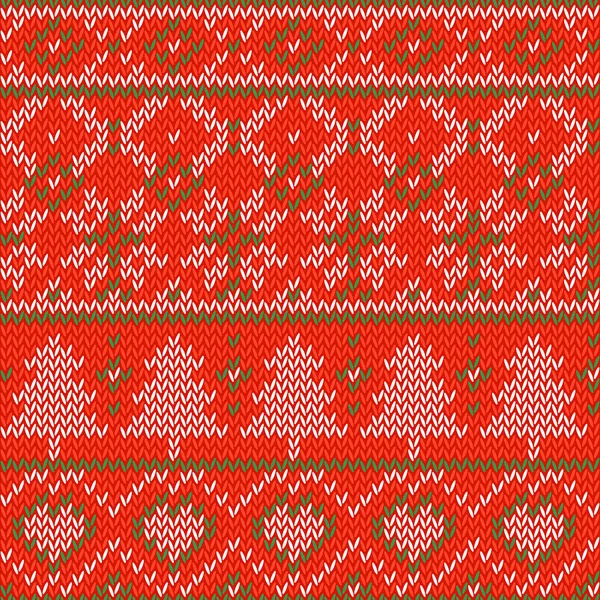 ニットのクリスマス背景。シームレス パターン。心、スノーフレーク、装飾品、木と北欧の背景。シームレスな編み物パターン — ストックベクタ