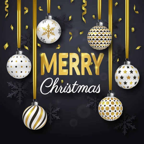 Fondo de Navidad con brillantes cintas de oro, copos de nieve y coloridas bolas adornadas. Feliz Navidad tarjeta vector Ilustración . — Vector de stock