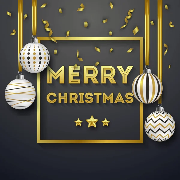 Weihnachten Hintergrund mit glänzenden goldenen Bändern und bunten verzierten Kugeln. Frohe Weihnachten Karte Vektor Illustration. — Stockvektor