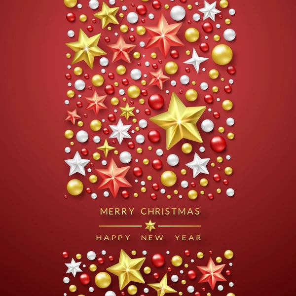 Рождественский фон с яркими звездами и красочными шарами. Весёлая векторная иллюстрация . — стоковый вектор