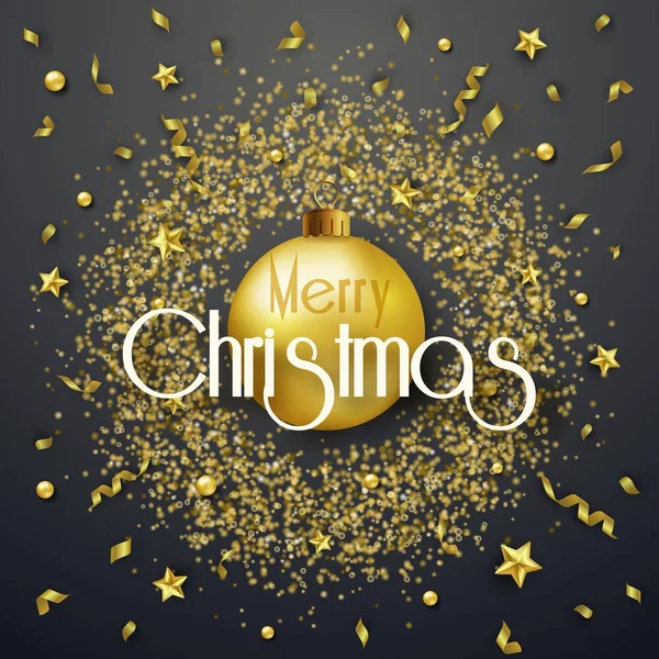 Weihnachtlicher Hintergrund mit goldglänzenden Bändern, Sternen und Kugeln in goldenem Rundrahmen. Frohe Weihnachten Karte Vektor Illustration. — Stockvektor