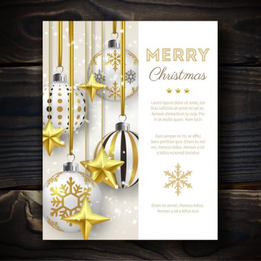 Yıldız, kar ve renkli topları ahşap arka plan üzerinde parlayan ile Noel arka plan