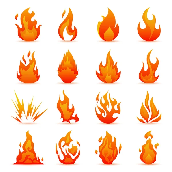 Tűz és láng ikonok vektoros halmaza. A lapos stílusú színes lángok. Egyszerű, ikonok máglya — Stock Vector
