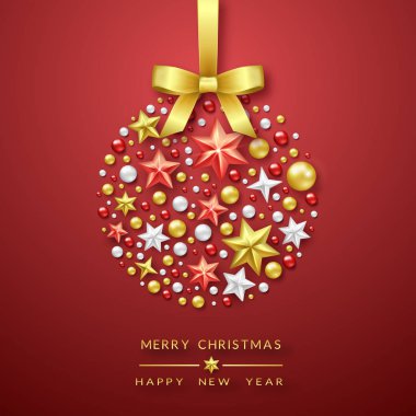 Parlayan yıldız, yay ve renkli topları ile Noel topu arka plan. Neşeli Noel kartı illüstrasyon kırmızı zemin üzerine.
